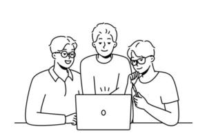 glimlachen mannetje collega's kijken Bij computer scherm brainstorming samen. gelukkig collega's samenwerken werken Aan laptop Bij werkplek. teamwerk. vector illustratie.