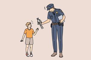 onderwijs en politieagent dwingen concept. jong glimlachen politieagent tekenfilm karakter staand geven speelgoed- robot naar gelukkig klein jongen nemen zorg vector illustratie