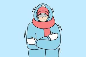 jong Mens in bovenkleding gevoel verkoudheid en bevriezing buitenshuis. ongelukkig bevroren vent in jasje lijden gedurende verkoudheid dagen in winter. vector illustratie.