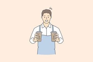 werken net zo barista in cafetaria concept. jong glimlachen Mens barista tekenfilm karakter vervelend schort staand Holding cups met koffie drinken vector illustratie