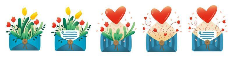 vector kleurrijk helder illustraties reeks van 5 envelop ansichtkaarten met een brief, tulpen, bloemen, bladeren, harten voor maart 8 of Valentijnsdag dag