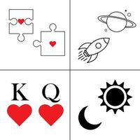 symbolen voor gekoppeld t-shirts. puzzel, harten, maan, planeet, raket, zon. vector voorraad illustratie.