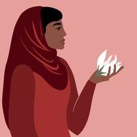 een meisje in een hijab met Open haar- in profiel. een symbool van moslim vrouwen worstelen voor rechten. vector grafiek.