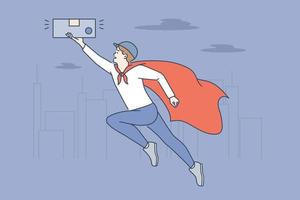 supermacht en internet technologieën concept. glimlachen Mens bedrijf persoon vliegend in superman kaap met smartphone in handen vector illustratie