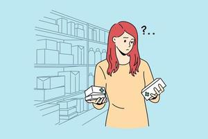 moeilijk keuze in apotheek concept. jong gefrustreerd vrouw tekenfilm karakter staand proberen naar Kiezen Rechtsaf geneeskunde in apotheek winkel vector illustratie