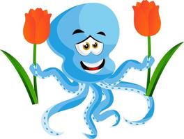 Octopus Holding bloemen, illustratie, vector Aan wit achtergrond.