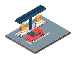 isometrische gas- vulling station vector vlak illustratie van olie onderhoud voor met winkel elementen en achtergrond