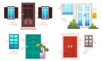tekenfilm deuren en ramen, huis gevels ontwerp vector