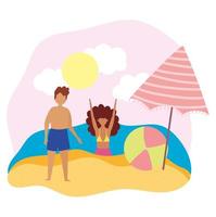 jongen en meisje met bal en paraplu op strand vector