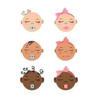 slapen pasgeborenen frontaal portretten. reeks van multiraciaal baby gezichten. klein jongens en meisjes. vlak stijl hand- getrokken vector illustraties.