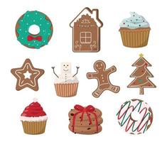tekenfilm Kerstmis bakkerij verzameling. feestelijk donuts, peperkoek koekjes, en cupcakes. geïsoleerd Aan wit achtergrond. winter seizoensgebonden snoepgoed en desserts vector