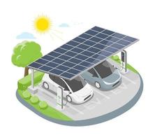 zonne- cel auto's parkeren dak ev auto opladen station in fabriek en supermarkt of huis isometrische vector