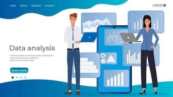 gegevens analyse.a jong vrouw en een Mens studie gegevens De volgende naar een smartphone.concept van gegevens transmissie over- de internetten, gegevens analyse en infographics.de sjabloon van de landen bladzijde. vector