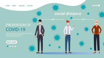 een groep van gemaskeerd mensen in stand houden een sociaal afstand.voorzorgsmaatregelen gedurende de het uitbreken van coronavirus en griep.plat vector illustratie.de sjabloon van de landen bladzijde.