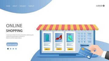 online winkel.mensen gebruik een credit kaart naar maken aankopen in een online winkel.de concept van online trading.flat vector illustratie.de sjabloon van de landen bladzijde.