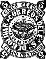 bolivar, Colombiaanse republiek cinco centavos stempel, 1877-1878, wijnoogst illustratie vector