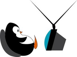 pinguïn aan het kijken TV, vector of kleur illustratie.