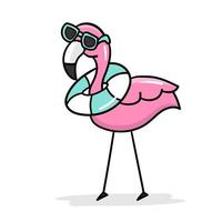 gemakkelijk flamingo, schets vector. tekenfilm flamingo in zonnebril en een reddingsboei in de omgeving van zijn nek. zomer vector icoon Aan wit