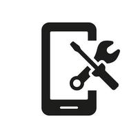 onderhoud van software smartphone silhouet pictogram. configuratie en technisch ondersteuning van cel telefoon. instelling omhoog toepassingen Aan mobiel telefoon zwart icoon. vector geïsoleerd illustratie.