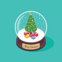 3d vrolijk Kerstmis glas bal met Kerstmis boom en geschenk dozen vector