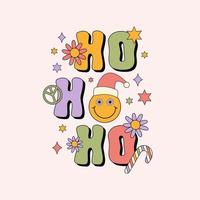 hippie Kerstmis vector illustratie met kleurrijk tekst, madeliefje bloemen, glimlachen gezicht in de kerstman hoed. retro groovy afdrukken in stijl jaren 70, jaren 80.