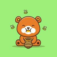 schattig beer aan het eten honing met bij tekenfilm vector icoon illustratie. dier voedsel icoon concept geïsoleerd premie vector. vlak tekenfilm stijl