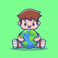 jongen knuffelen schattig aarde tekenfilm vector icoon illustratie. mensen aarde icoon concept geïsoleerd premie vector. vlak tekenfilm stijl