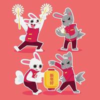 Chinese nieuw jaar konijn karakter verlichting kaarsen en lantaarns in vlak ontwerp vector