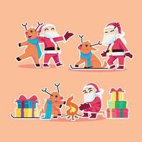 de kerstman clausule en zijn hert zijn verspreiden van cadeaus in vlak ontwerp vector