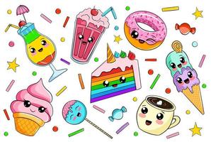 verzameling van schattig voedsel karakters.kleurrijk kawaii snoepgoed, vector geïsoleerd Aan wit