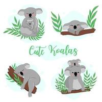 schattig reeks met koala's mam en kinderen Aan eucalyptus. vector illustratie