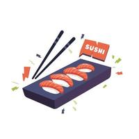 vector illustratie van sushi. Aziatisch voedsel sushi Aan donker houten bord met eetstokjes