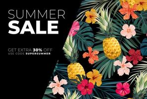 vector zomer ontwerp met exotisch palm bladeren, hibiscus bloemen, ananas en ruimte voor tekst. uitverkoop aanbod sjabloon, banier van folder achtergrond. tropisch backdrop illustratie.