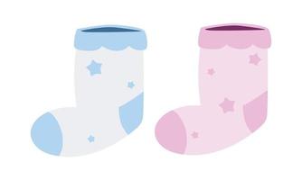 reeks van blauw en roze baby sokken clip art. gemakkelijk schattig pasgeboren baby sok vlak vector illustratie. kleuter sok voor baby douche of verjaardag partij uitnodiging tekenfilm stijl icoon. Tweelingen aankomst concept