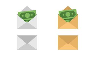 geld in wit en karton papier enveloppen clip art vector ontwerp illustratie. groen geld bankbiljet dollar rekeningen Ingepakt in papier envelop vlak icoon tekenfilm stijl. geld, bankbiljet, investering