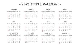 2023 kalender in gemakkelijk stijl vector illustratie. gemakkelijk klassiek maandelijks kalender ontwerp voor 2023 in een schoon tekenfilm lettertype. de week begint zondag. minimalistische kalender ontwerper jaar 2023 sjabloon afdrukken