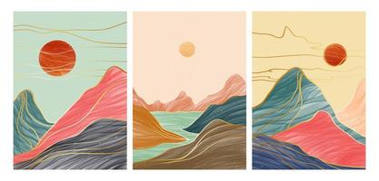 reeks van berg landschap met lijn kunst, berg, zonsondergang en rivier. abstract berg hedendaags esthetisch achtergronden landschappen. vector illustraties