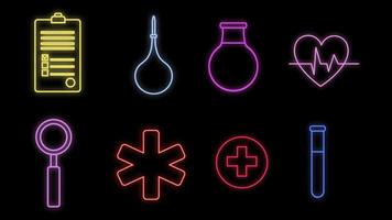 reeks van helder lichtgevend veelkleurig medisch neon tekens voor een apotheek op te slaan of ziekenhuis wetenschappelijk laboratorium mooi glimmend met geneeskunde pictogrammen voorwerpen Aan een zwart achtergrond. vector illustratie