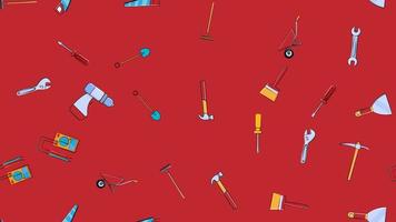 textuur, naadloos patroon van een reeks van bouw gereedschap voor reparatie hamer, Schep, schroevendraaier, moersleutel, tester, borstel, zaag, karretje, troffel, ladder Aan een rood achtergrond. vector illustratie