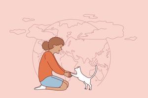 mensen en natuur, opslaan aarde concept. klein positief zwart meisje zittend met weinig wit kat katje en planeet aarde Aan achtergrond vector illustratie