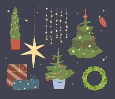 Kerstmis elementen voor ansichtkaart en uitnodiging. Kerstmis boom en Kerstmis decoratie. geschenk dozen en lauwerkrans. Kerstmis lichten vector