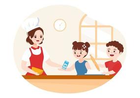 Koken school- met kinderen en leraar in een klasse aan het leren naar leren kookt eigengemaakt voedsel Aan vlak tekenfilm hand- getrokken Sjablonen illustratie vector