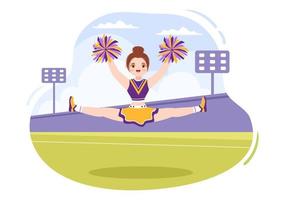 cheerleader meisje met pompons van dansen en jumping naar ondersteuning team sport gedurende wedstrijd Aan vlak tekenfilm hand- getrokken Sjablonen illustratie vector