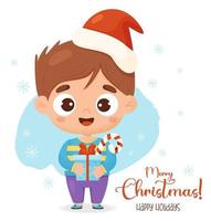 Kerstmis schattig jongen in de kerstman hoed met nieuw jaren geschenk en karamel en opschrift vrolijk kerstmis. vector illustratie vent in tekenfilm stijl voor kaart ontwerp, decor, afdrukken en kinderen verzameling.