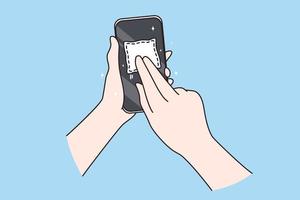 vuil scherm en microben concept. menselijk hand- Holding en schoonmaak mobiel telefoon scherm met servet over- blauw achtergrond vector illustratie