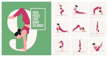 yoga poses dat brandwond calorieën. jong vrouw beoefenen yoga houding. vrouw training fitheid, aëroob en opdrachten. vector illustratie.