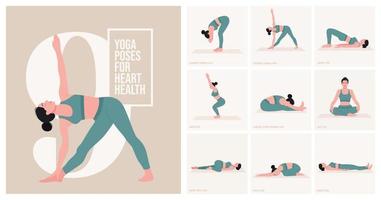 yoga poses voor hart Gezondheid. jong vrouw beoefenen yoga houding. vrouw training fitheid, aëroob en opdrachten. vector illustratie.