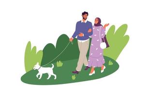 gelukkig moslim paar wandelen een hond. vlak vector illustratie.