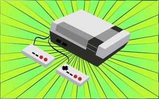 retro oud antiek hipster elektronisch spel troosten met joysticks van de jaren 70, jaren 80, jaren 90, jaren 2000 tegen een achtergrond van abstract groen stralen. vector illustratie