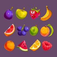 fruit en bessen pictogrammen, aardbei, pruim, appel vector